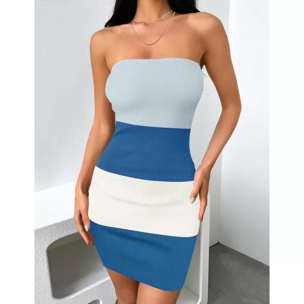 imageZESICA Womens 2024 Summer Strapless Bodycon Dress Sexy Off Shoulder Backless Color Block Y2k Tube Top Mini DressesBlue