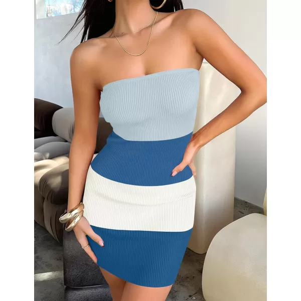 imageZESICA Womens 2024 Summer Strapless Bodycon Dress Sexy Off Shoulder Backless Color Block Y2k Tube Top Mini DressesBlue