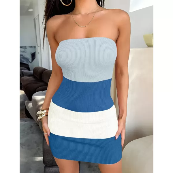 imageZESICA Womens 2024 Summer Strapless Bodycon Dress Sexy Off Shoulder Backless Color Block Y2k Tube Top Mini DressesBlue