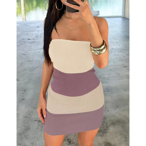 imageZESICA Womens 2024 Summer Strapless Bodycon Dress Sexy Off Shoulder Backless Color Block Y2k Tube Top Mini DressesBrown