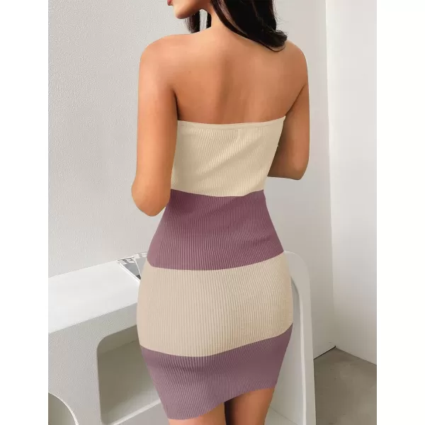 imageZESICA Womens 2024 Summer Strapless Bodycon Dress Sexy Off Shoulder Backless Color Block Y2k Tube Top Mini DressesBrown