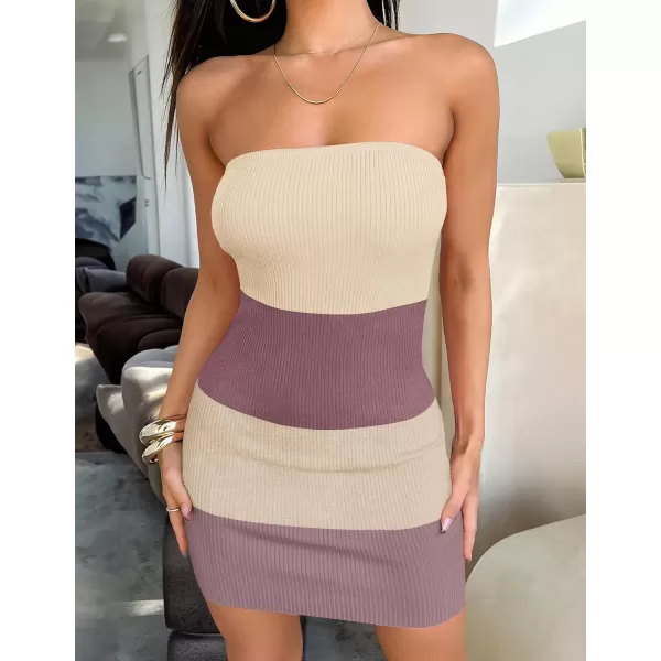 imageZESICA Womens 2024 Summer Strapless Bodycon Dress Sexy Off Shoulder Backless Color Block Y2k Tube Top Mini DressesBrown