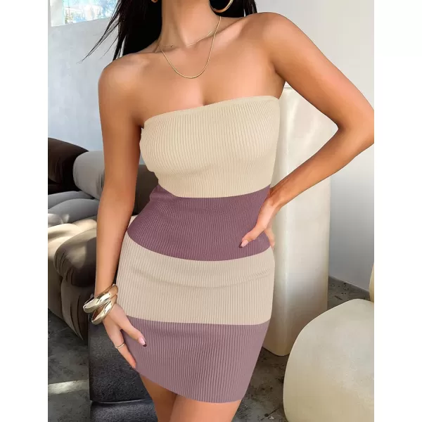 imageZESICA Womens 2024 Summer Strapless Bodycon Dress Sexy Off Shoulder Backless Color Block Y2k Tube Top Mini DressesBrown