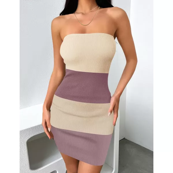 imageZESICA Womens 2024 Summer Strapless Bodycon Dress Sexy Off Shoulder Backless Color Block Y2k Tube Top Mini DressesBrown