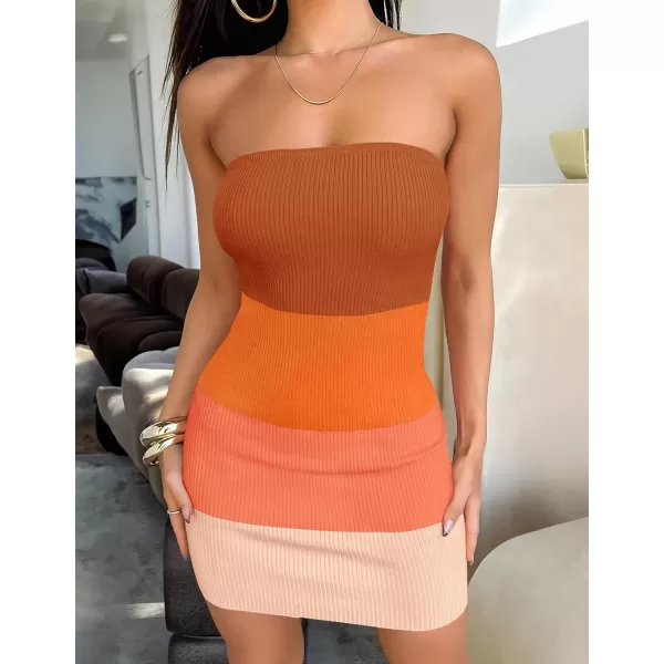 imageZESICA Womens 2024 Summer Strapless Bodycon Dress Sexy Off Shoulder Backless Color Block Y2k Tube Top Mini DressesOrange