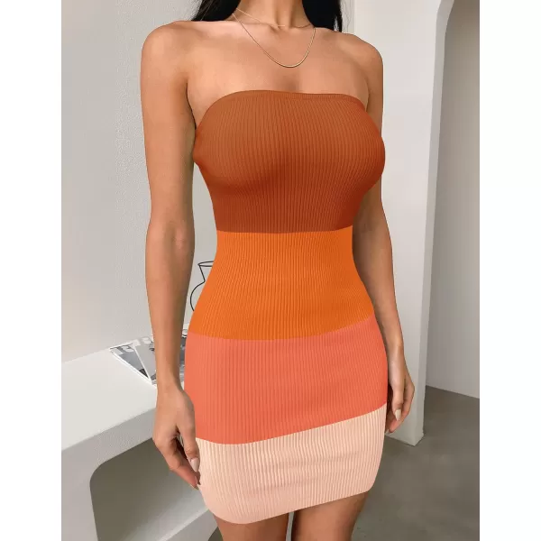 imageZESICA Womens 2024 Summer Strapless Bodycon Dress Sexy Off Shoulder Backless Color Block Y2k Tube Top Mini DressesOrange