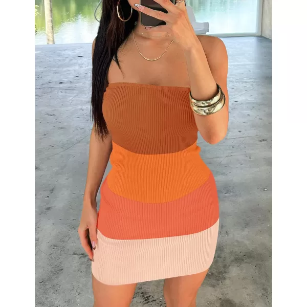 imageZESICA Womens 2024 Summer Strapless Bodycon Dress Sexy Off Shoulder Backless Color Block Y2k Tube Top Mini DressesOrange