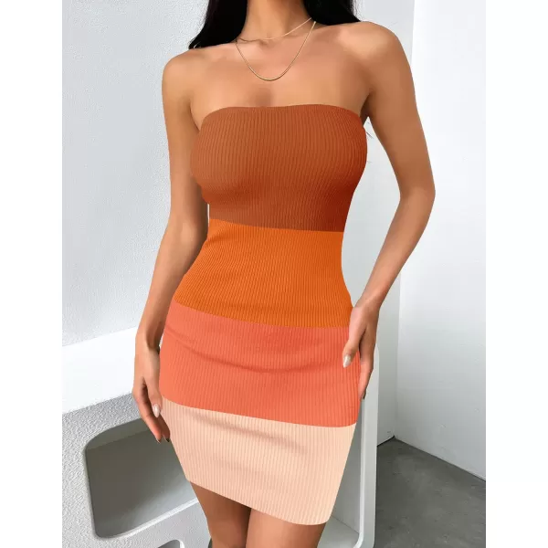 imageZESICA Womens 2024 Summer Strapless Bodycon Dress Sexy Off Shoulder Backless Color Block Y2k Tube Top Mini DressesOrange