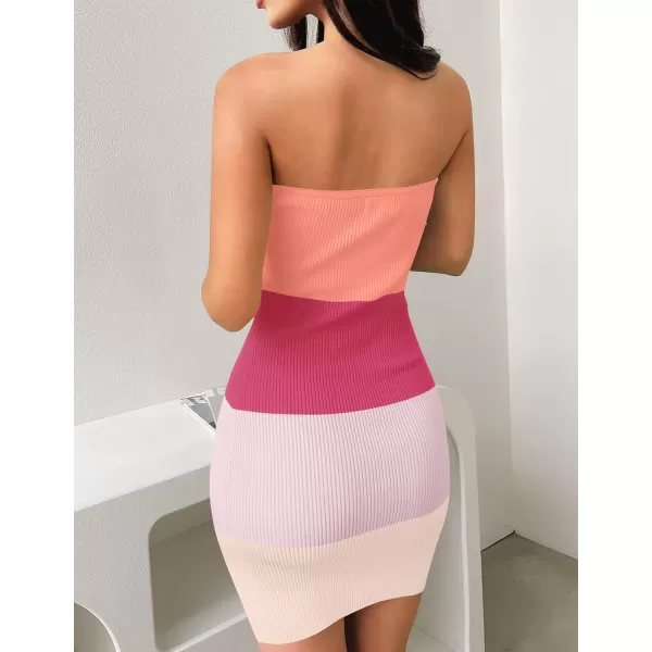 imageZESICA Womens 2024 Summer Strapless Bodycon Dress Sexy Off Shoulder Backless Color Block Y2k Tube Top Mini DressesPink
