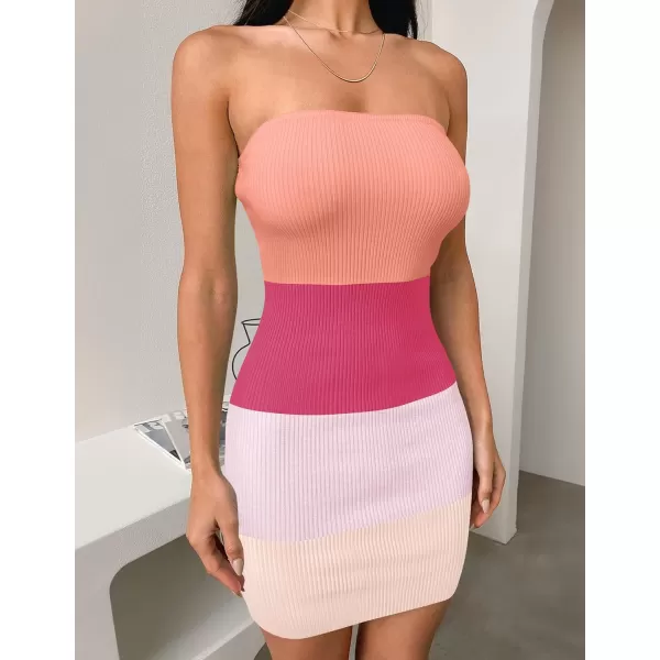 imageZESICA Womens 2024 Summer Strapless Bodycon Dress Sexy Off Shoulder Backless Color Block Y2k Tube Top Mini DressesPink