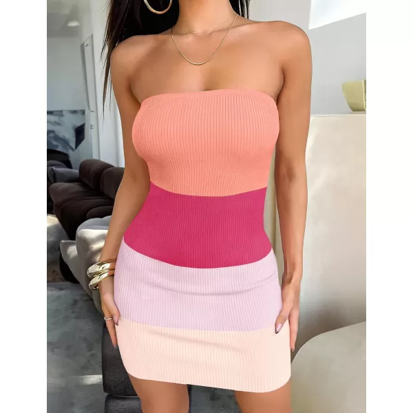 imageZESICA Womens 2024 Summer Strapless Bodycon Dress Sexy Off Shoulder Backless Color Block Y2k Tube Top Mini DressesPink