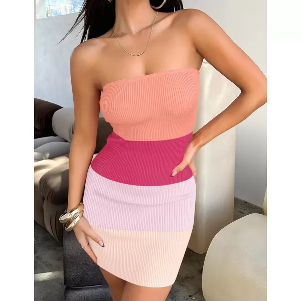 imageZESICA Womens 2024 Summer Strapless Bodycon Dress Sexy Off Shoulder Backless Color Block Y2k Tube Top Mini DressesPink