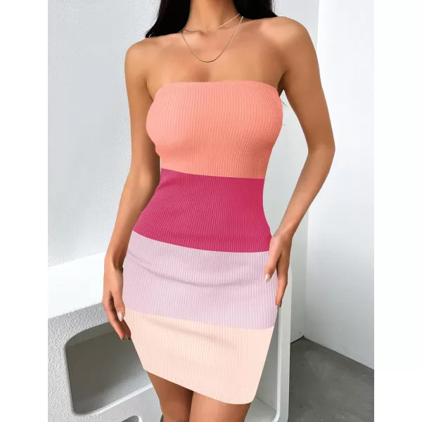 imageZESICA Womens 2024 Summer Strapless Bodycon Dress Sexy Off Shoulder Backless Color Block Y2k Tube Top Mini DressesPink