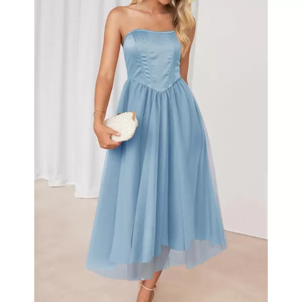 imageZESICA Womens 2024 Summer Strapless Dress Sexy Corset Tube Backless Smocked High Waist Beach Party DressesBlue