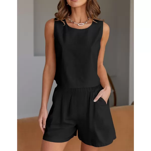 imageZESICA Womens 2024 Summer Two Piece Outfits Linen Crew Neck Tank Crop Top and Shorts 2 Piece Lounge Matching SetDim
