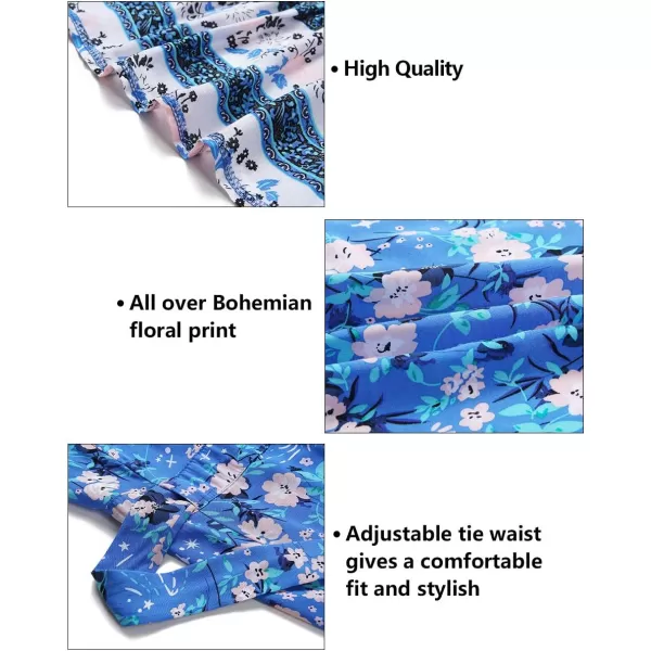 imageZESICA Womens 2024 Summer Wrap V Neck Bohemian Floral Print Ruffle Swing A Line Beach Mini DressBlue