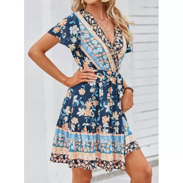 imageZESICA Womens 2024 Summer Wrap V Neck Bohemian Floral Print Ruffle Swing A Line Beach Mini DressDarkblue
