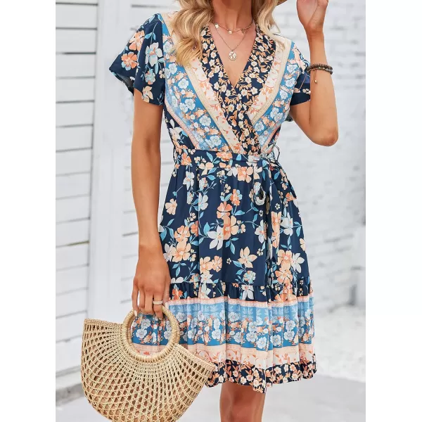 imageZESICA Womens 2024 Summer Wrap V Neck Bohemian Floral Print Ruffle Swing A Line Beach Mini DressDarkblue