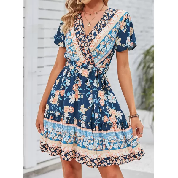 imageZESICA Womens 2024 Summer Wrap V Neck Bohemian Floral Print Ruffle Swing A Line Beach Mini DressDarkblue
