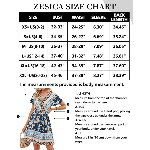 imageZESICA Womens 2024 Summer Wrap V Neck Bohemian Floral Print Ruffle Swing A Line Beach Mini DressDarkblue