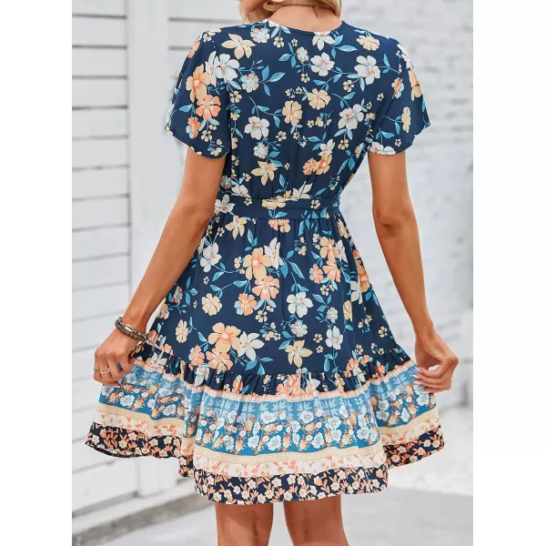 imageZESICA Womens 2024 Summer Wrap V Neck Bohemian Floral Print Ruffle Swing A Line Beach Mini DressDarkblue