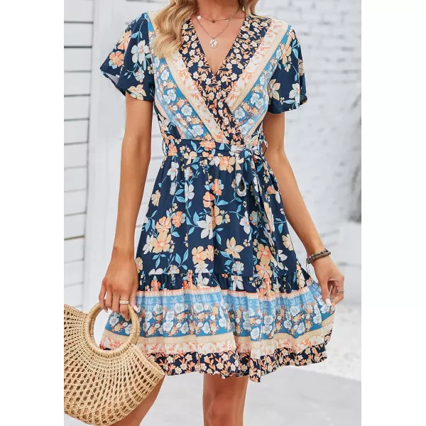 imageZESICA Womens 2024 Summer Wrap V Neck Bohemian Floral Print Ruffle Swing A Line Beach Mini DressDarkblue