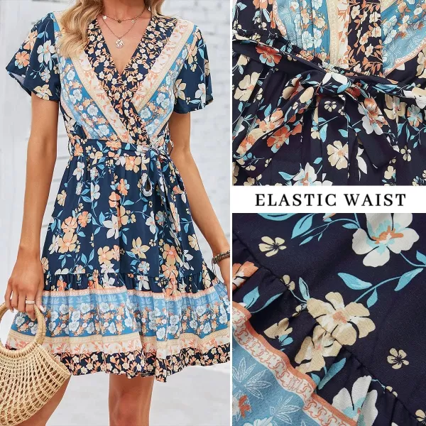 imageZESICA Womens 2024 Summer Wrap V Neck Bohemian Floral Print Ruffle Swing A Line Beach Mini DressDarkblue