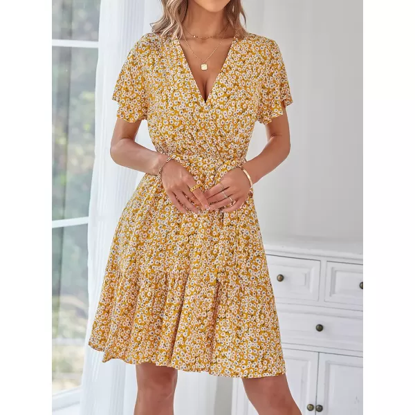 imageZESICA Womens 2024 Summer Wrap V Neck Bohemian Floral Print Ruffle Swing A Line Beach Mini DressGinger