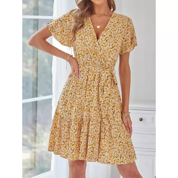 imageZESICA Womens 2024 Summer Wrap V Neck Bohemian Floral Print Ruffle Swing A Line Beach Mini DressGinger