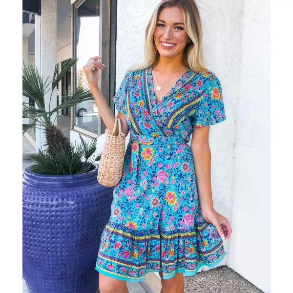 imageZESICA Womens 2024 Summer Wrap V Neck Bohemian Floral Print Ruffle Swing A Line Beach Mini DressGreen