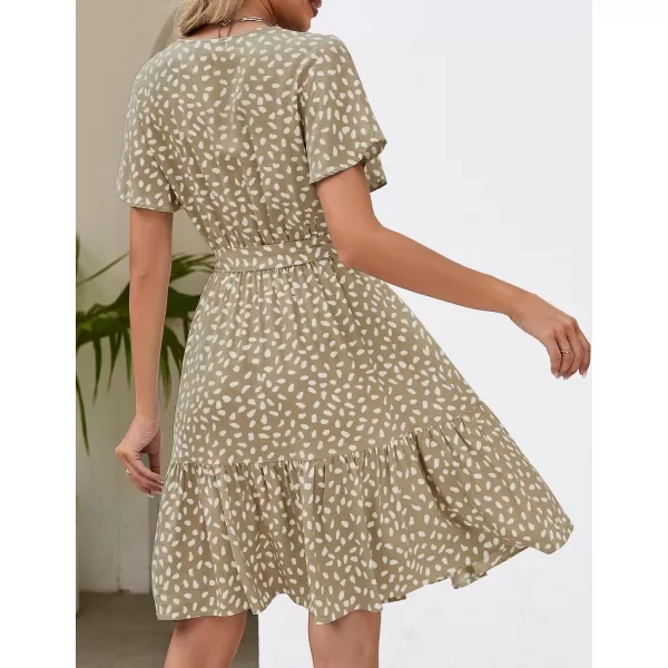 imageZESICA Womens 2024 Summer Wrap V Neck Bohemian Floral Print Ruffle Swing A Line Beach Mini DressKhaki