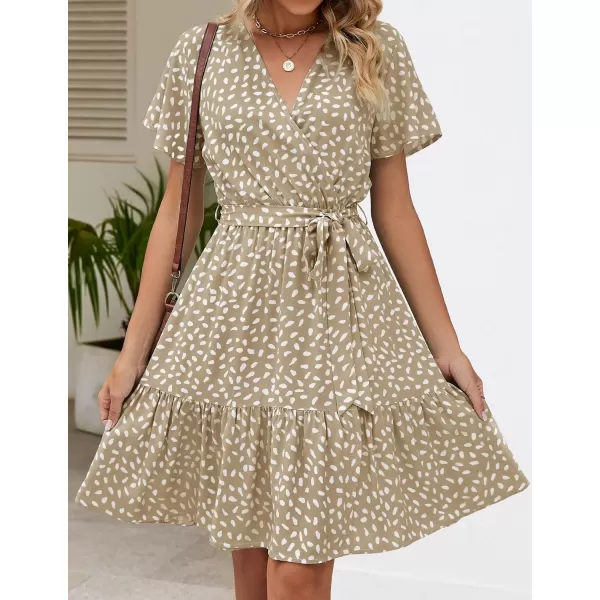 imageZESICA Womens 2024 Summer Wrap V Neck Bohemian Floral Print Ruffle Swing A Line Beach Mini DressKhaki