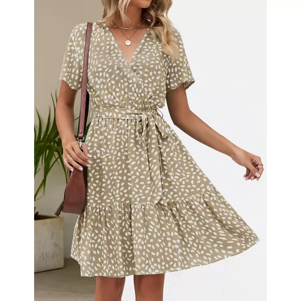 imageZESICA Womens 2024 Summer Wrap V Neck Bohemian Floral Print Ruffle Swing A Line Beach Mini DressKhaki