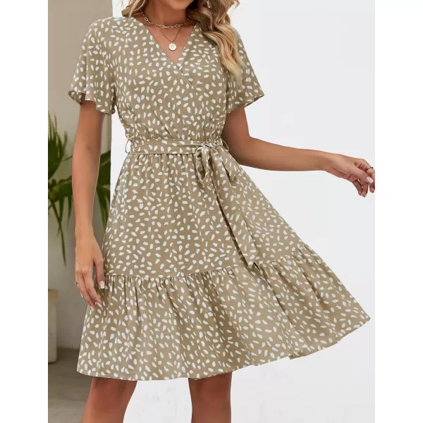 imageZESICA Womens 2024 Summer Wrap V Neck Bohemian Floral Print Ruffle Swing A Line Beach Mini DressKhaki