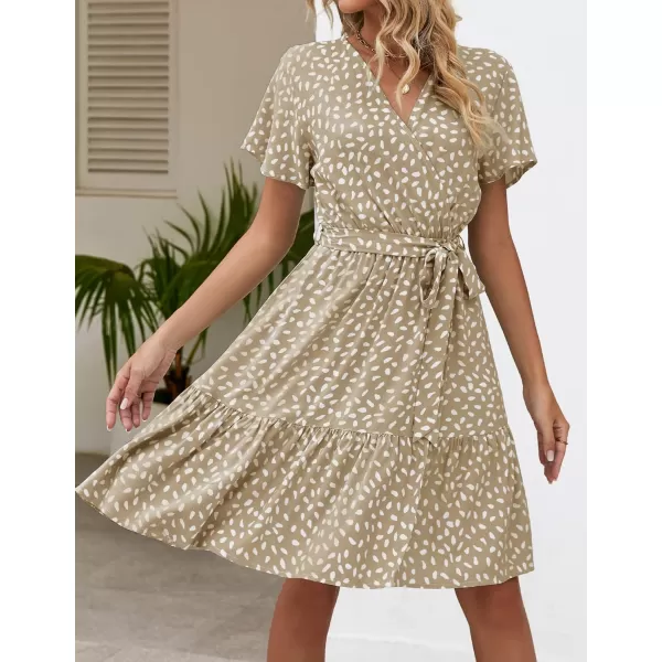 imageZESICA Womens 2024 Summer Wrap V Neck Bohemian Floral Print Ruffle Swing A Line Beach Mini DressKhaki