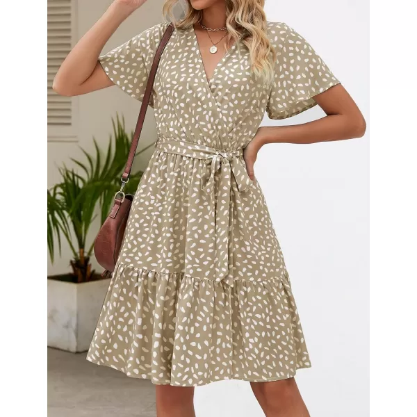 imageZESICA Womens 2024 Summer Wrap V Neck Bohemian Floral Print Ruffle Swing A Line Beach Mini DressKhaki