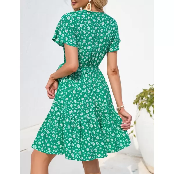 imageZESICA Womens 2024 Summer Wrap V Neck Bohemian Floral Print Ruffle Swing A Line Beach Mini DressLakegreen
