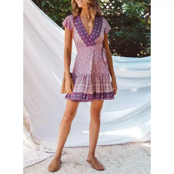 imageZESICA Womens 2024 Summer Wrap V Neck Bohemian Floral Print Ruffle Swing A Line Beach Mini DressLavender