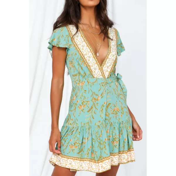 imageZESICA Womens 2024 Summer Wrap V Neck Bohemian Floral Print Ruffle Swing A Line Beach Mini DressMint