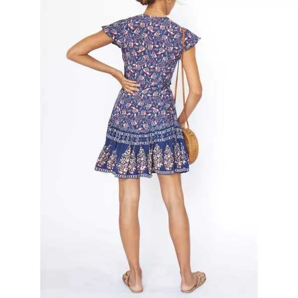 imageZESICA Womens 2024 Summer Wrap V Neck Bohemian Floral Print Ruffle Swing A Line Beach Mini DressNavy2