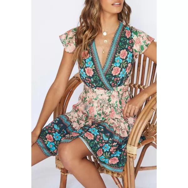 imageZESICA Womens 2024 Summer Wrap V Neck Bohemian Floral Print Ruffle Swing A Line Beach Mini DressNude