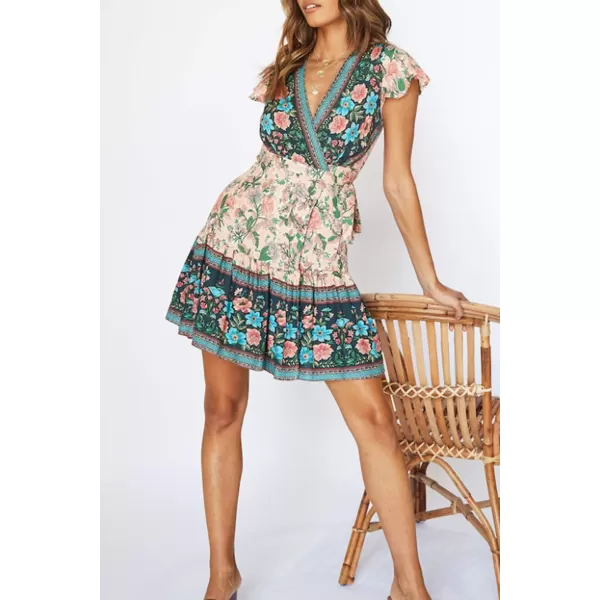 imageZESICA Womens 2024 Summer Wrap V Neck Bohemian Floral Print Ruffle Swing A Line Beach Mini DressNude