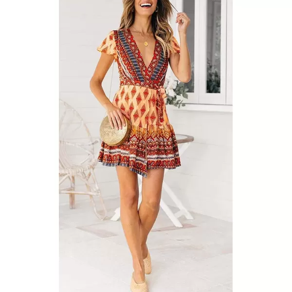 imageZESICA Womens 2024 Summer Wrap V Neck Bohemian Floral Print Ruffle Swing A Line Beach Mini DressOrange