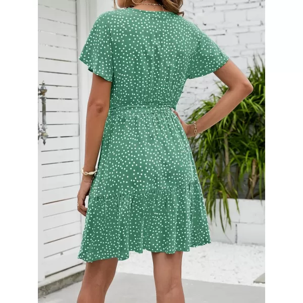 imageZESICA Womens 2024 Summer Wrap V Neck Bohemian Floral Print Ruffle Swing A Line Beach Mini DressPalegreen