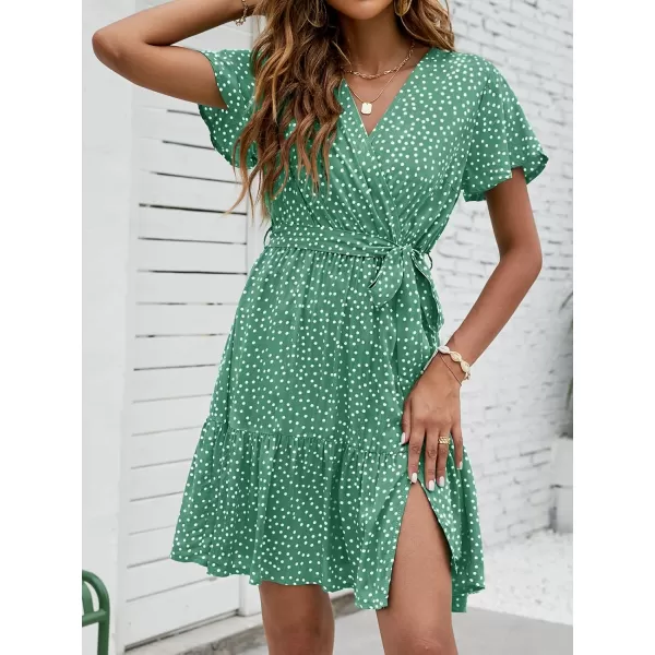imageZESICA Womens 2024 Summer Wrap V Neck Bohemian Floral Print Ruffle Swing A Line Beach Mini DressPalegreen