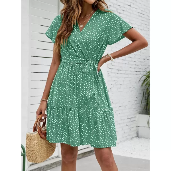 imageZESICA Womens 2024 Summer Wrap V Neck Bohemian Floral Print Ruffle Swing A Line Beach Mini DressPalegreen