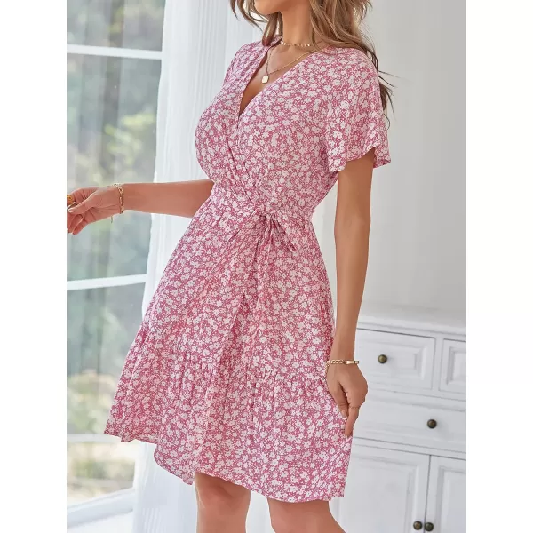 imageZESICA Womens 2024 Summer Wrap V Neck Bohemian Floral Print Ruffle Swing A Line Beach Mini DressPink