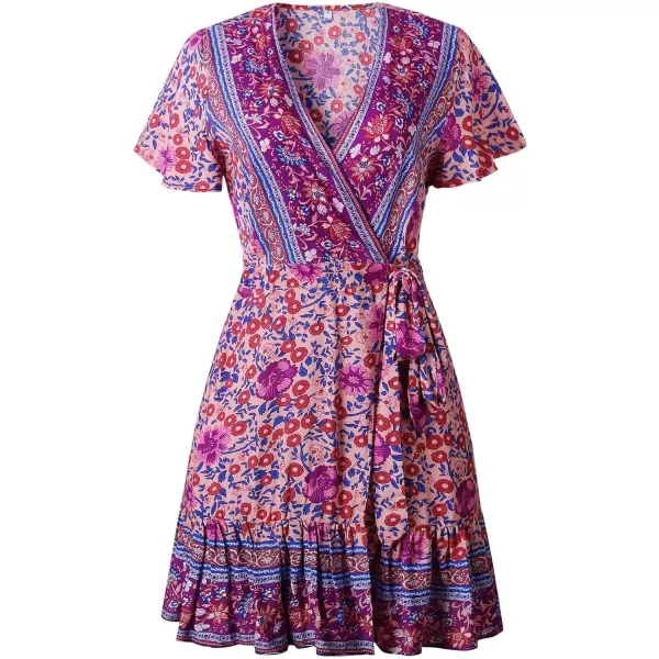 imageZESICA Womens 2024 Summer Wrap V Neck Bohemian Floral Print Ruffle Swing A Line Beach Mini DressPurple