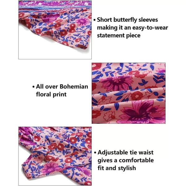 imageZESICA Womens 2024 Summer Wrap V Neck Bohemian Floral Print Ruffle Swing A Line Beach Mini DressPurple