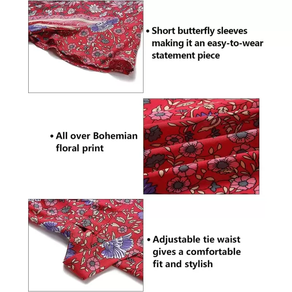imageZESICA Womens 2024 Summer Wrap V Neck Bohemian Floral Print Ruffle Swing A Line Beach Mini DressRed
